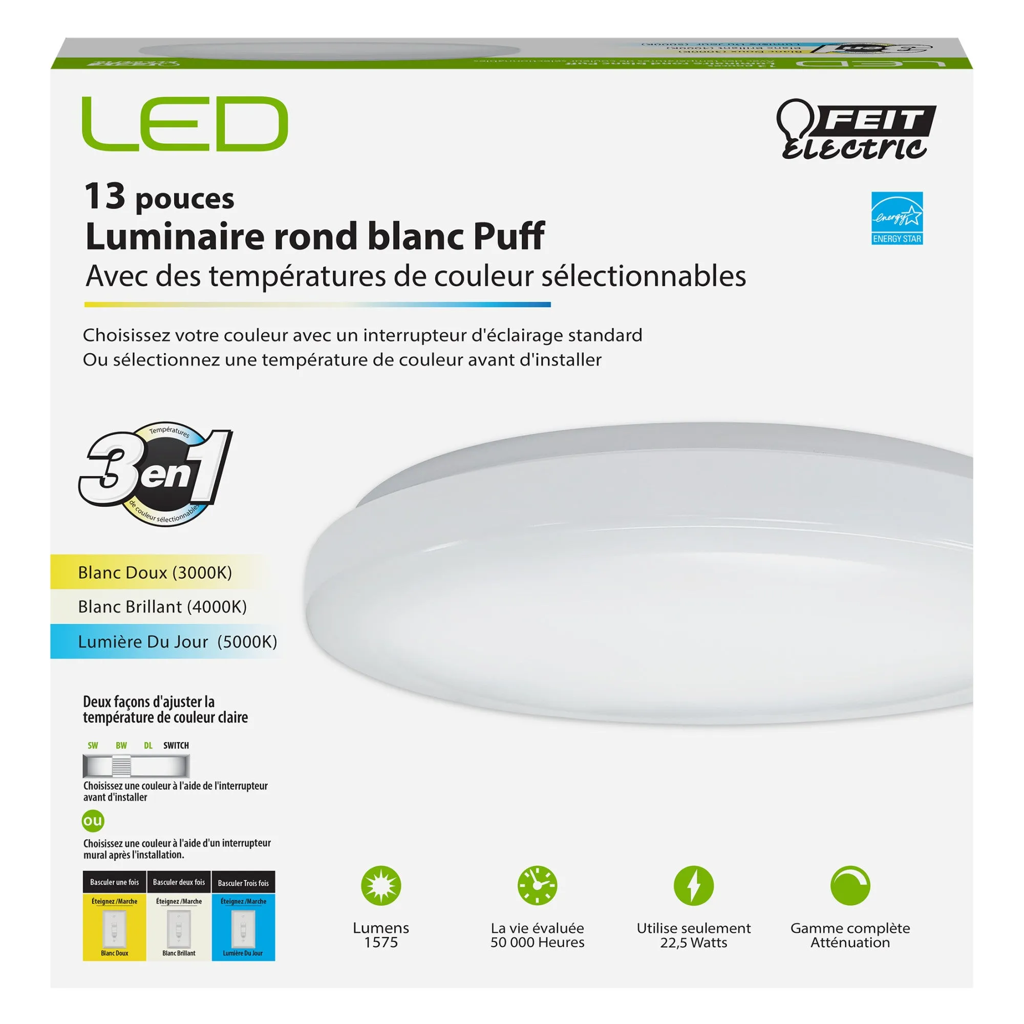 13 in. 3-in-1 Color Selectable Round Puff LED Ceiling Fixture