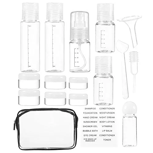 16 Pack Plastic Airline TSA Approved Travel Accessories Bottles Set - Holds Toiletries, Lotions, Liquids, Shampoos - Includes Spray Bottle, Pump Bottles, Squeeze Bottles, Jars,& Travel Bag