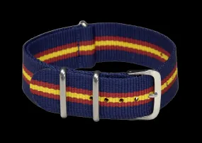 18mm NATO Military Watch Strap in Navy, Red and Yellow.