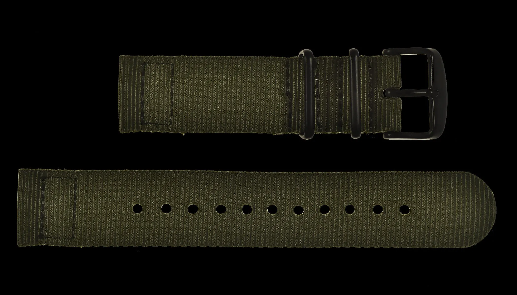 2 Piece 18mm Olive NATO Military Watch Strap in Ballistic Nylon with Black PVD Fasteners