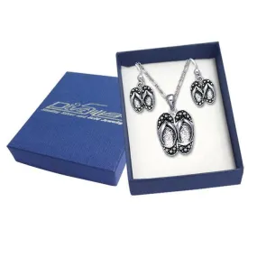 Beach Flip Flop  Silver Pendant Earrings Chain with Jewelry Gift Box Set SET056