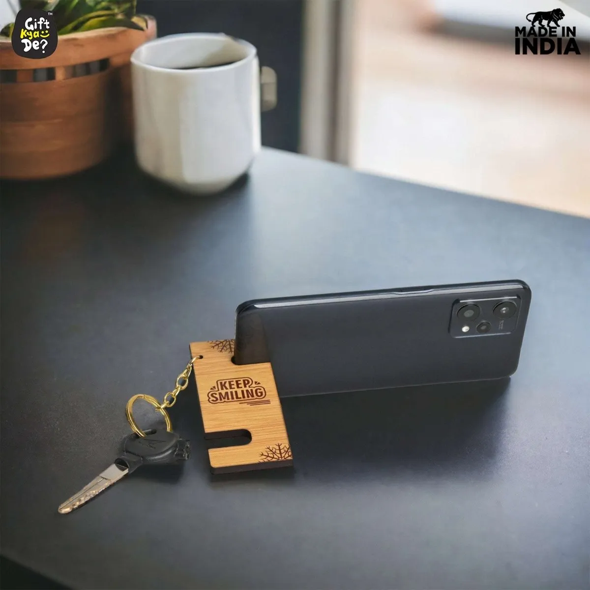 Cellphone Stand with Keyring | Wooden Mobile Stand with 2 in 1 Style Watch Video Horizontal and Vertical | Premium Golden Keychain