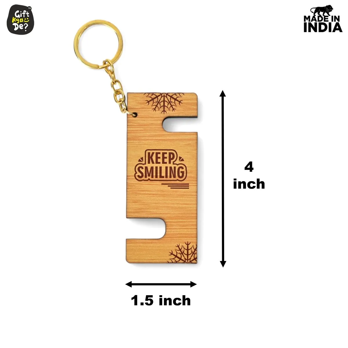 Cellphone Stand with Keyring | Wooden Mobile Stand with 2 in 1 Style Watch Video Horizontal and Vertical | Premium Golden Keychain