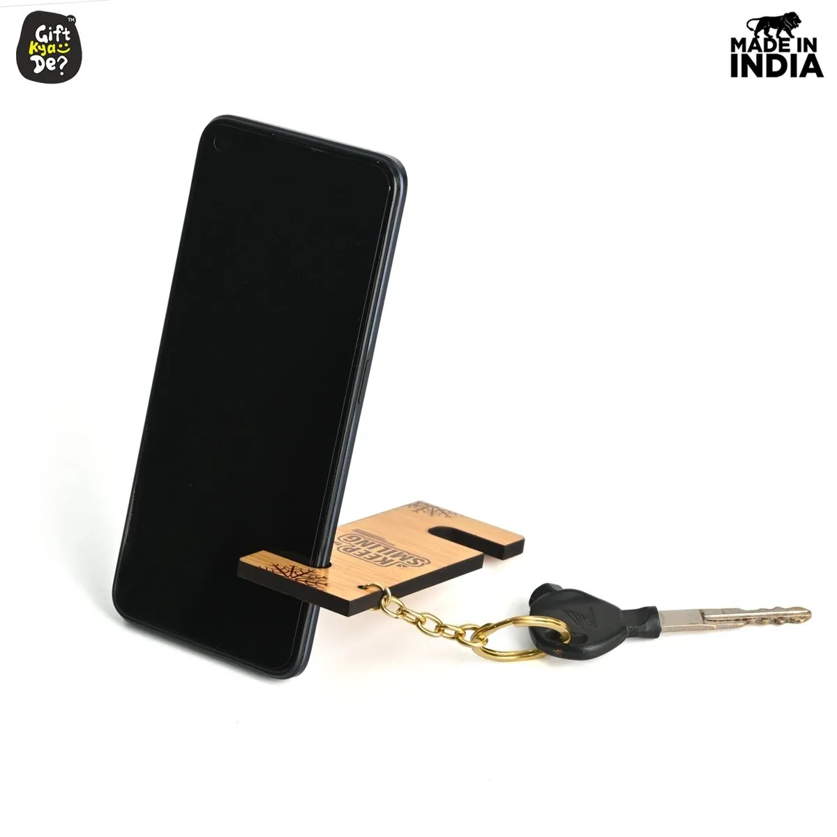 Cellphone Stand with Keyring | Wooden Mobile Stand with 2 in 1 Style Watch Video Horizontal and Vertical | Premium Golden Keychain