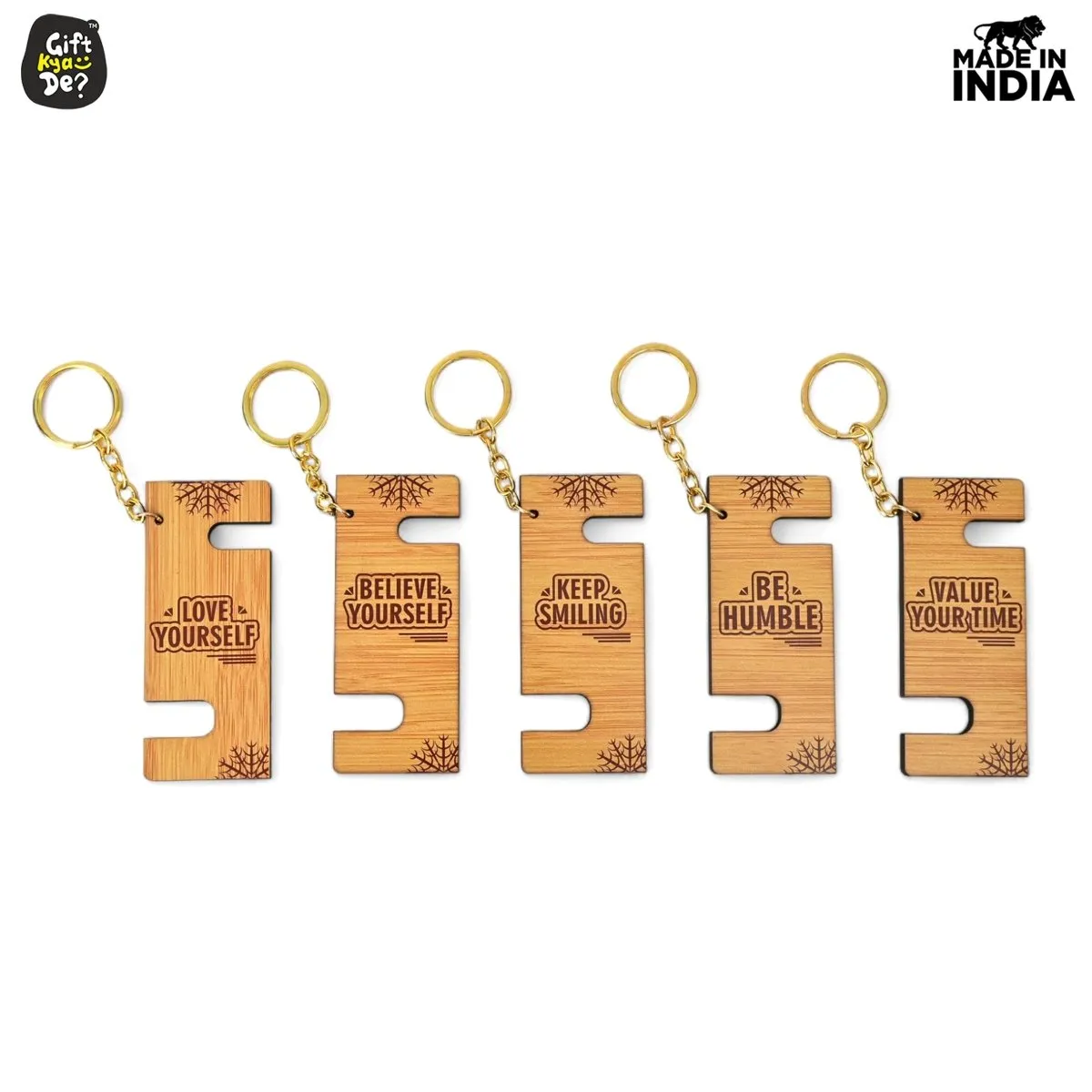 Cellphone Stand with Keyring | Wooden Mobile Stand with 2 in 1 Style Watch Video Horizontal and Vertical | Premium Golden Keychain