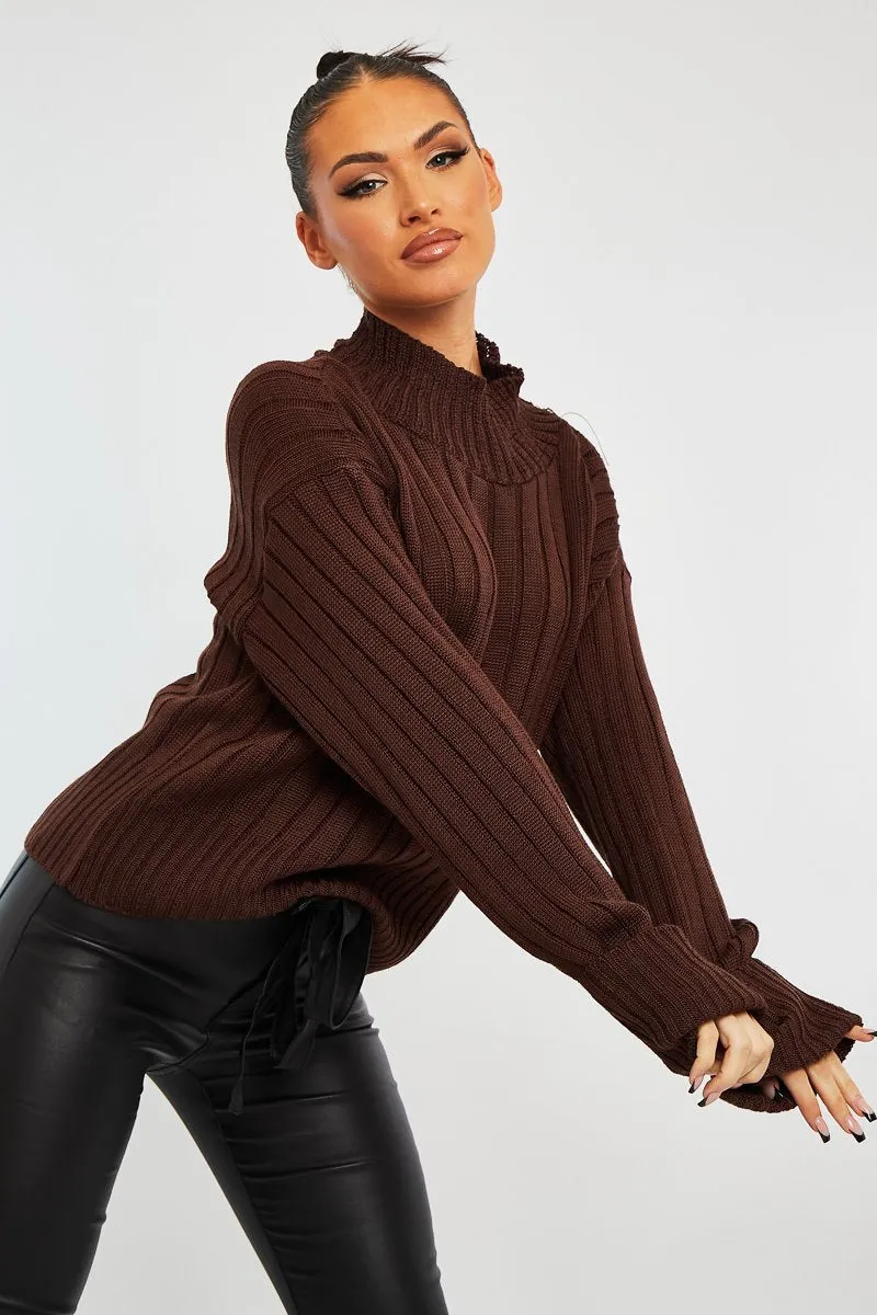 Chocolate Brown Knit High Neck Jumper - Jaelynn