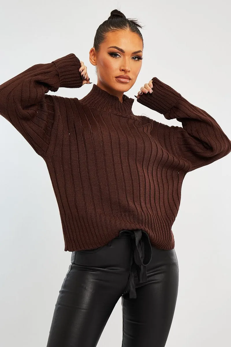 Chocolate Brown Knit High Neck Jumper - Jaelynn