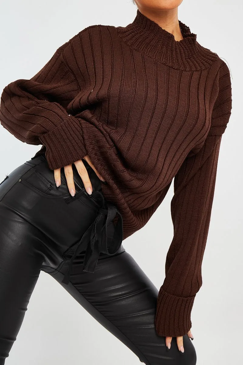 Chocolate Brown Knit High Neck Jumper - Jaelynn