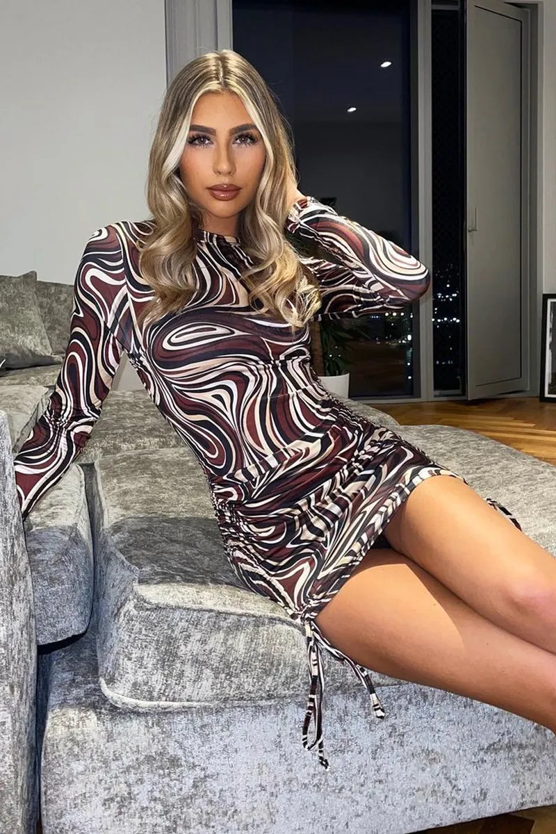 Chocolate Marble Print Long Sleeve Mini Dress - Adanna