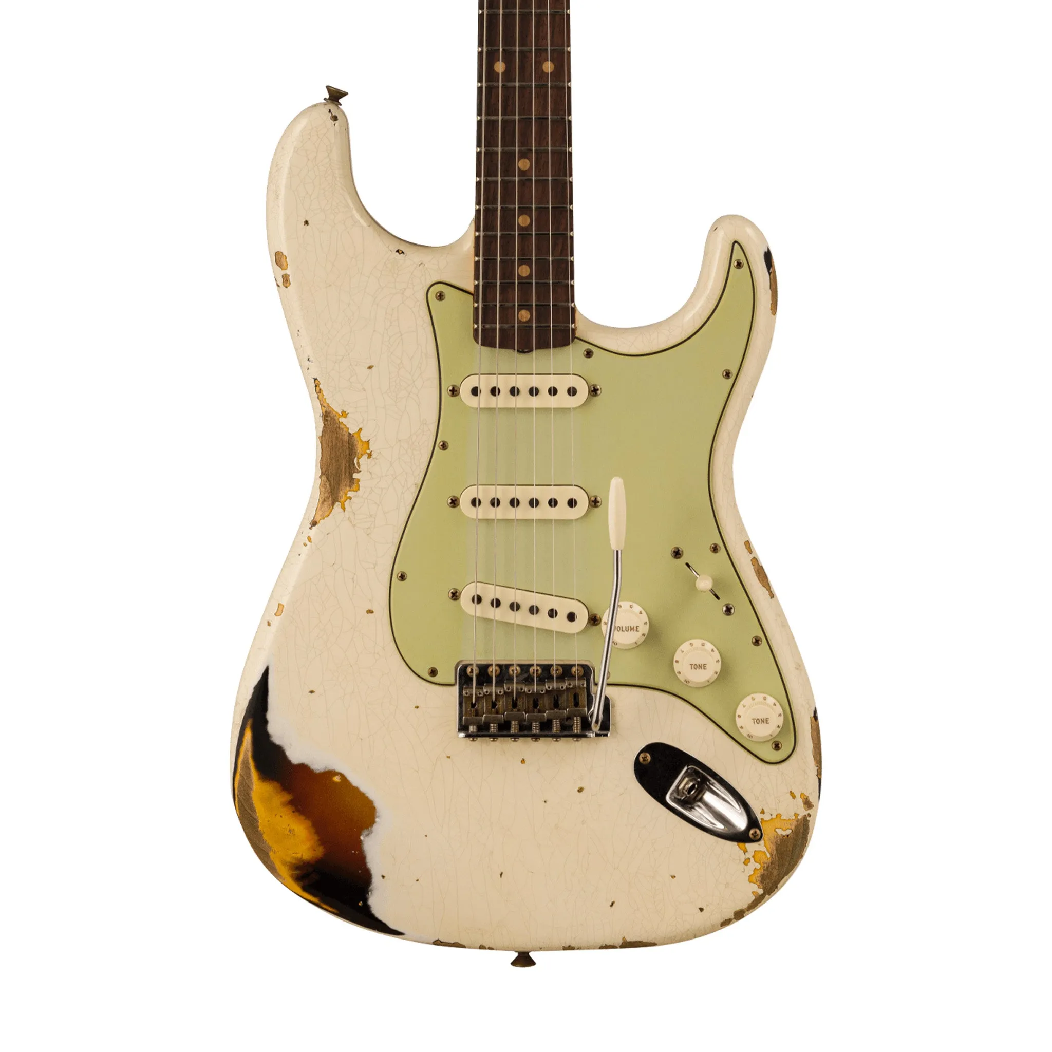 Fender Custom Shop 1960 Stratocaster Heavy Relic Guitar, RW FB, Aged Olympic White over 3-Color Sunburst