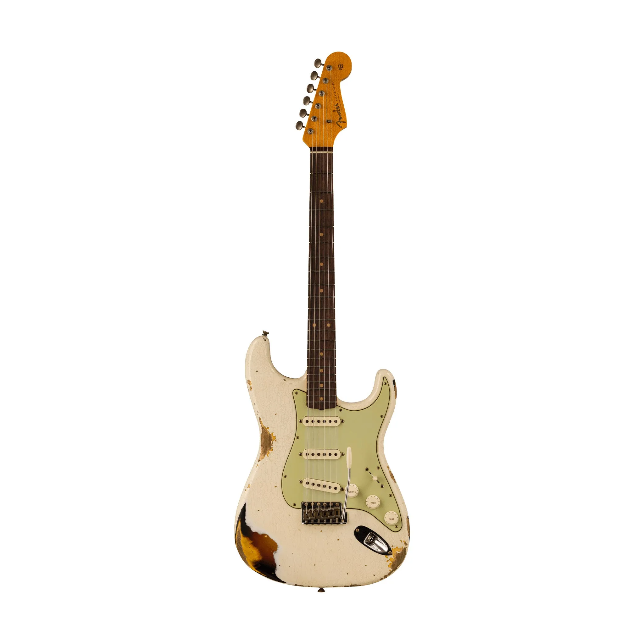 Fender Custom Shop 1960 Stratocaster Heavy Relic Guitar, RW FB, Aged Olympic White over 3-Color Sunburst