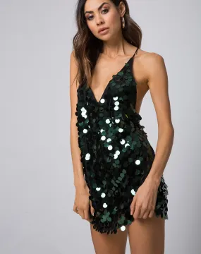 Finn Dress in Disc Sequin Forest Green