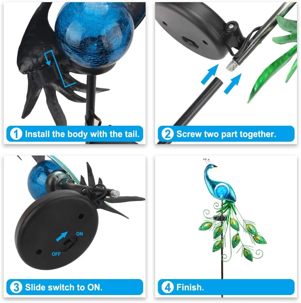 Garden Solar Lights Stake, Metal Peacock Decor Solar Garden Lights Solar Peacock Stake for Outdoor Patio Yard Decorations (Blue Lampshade)