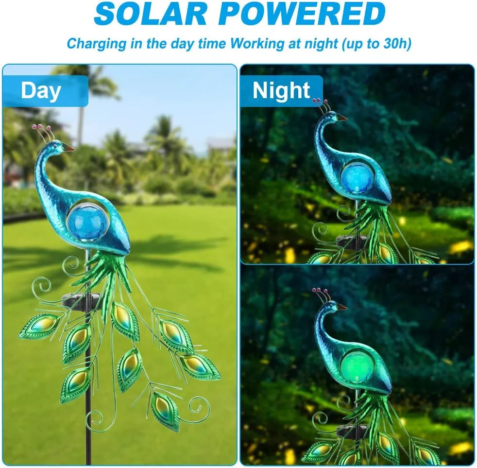 Garden Solar Lights Stake, Metal Peacock Decor Solar Garden Lights Solar Peacock Stake for Outdoor Patio Yard Decorations (Blue Lampshade)