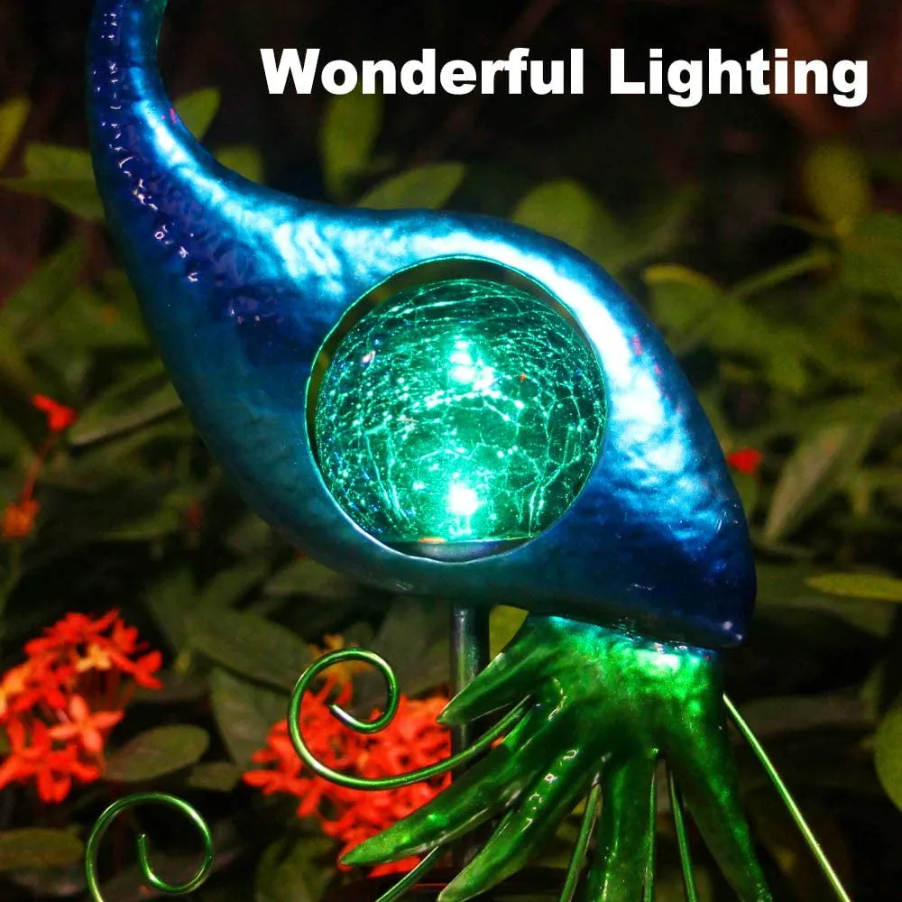 Garden Solar Lights Stake, Metal Peacock Decor Solar Garden Lights Solar Peacock Stake for Outdoor Patio Yard Decorations (Blue Lampshade)