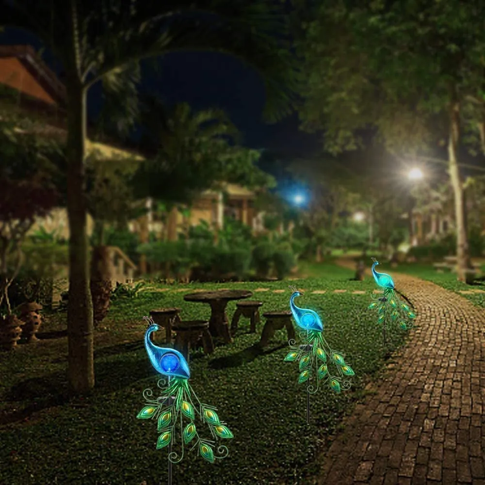 Garden Solar Lights Stake, Metal Peacock Decor Solar Garden Lights Solar Peacock Stake for Outdoor Patio Yard Decorations (Blue Lampshade)