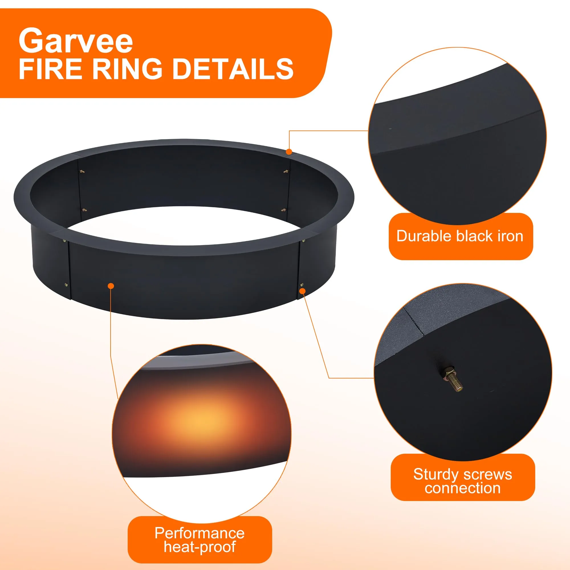 GARVEE 39-Inch Fire Pit Ring, 2.5MM Steel, 45-Inch Outer, Rust-Resistant, DIY Friendly, for Camping, Patio, Garden