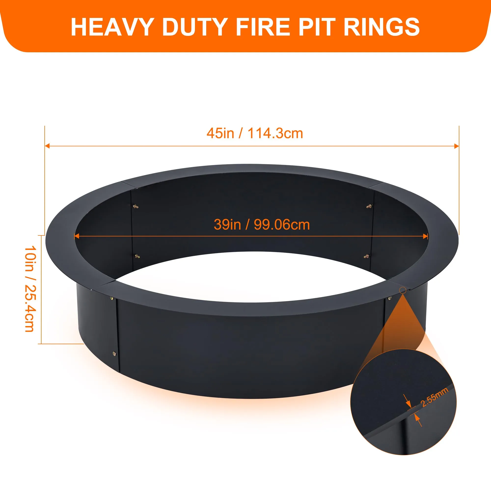 GARVEE 39-Inch Fire Pit Ring, 2.5MM Steel, 45-Inch Outer, Rust-Resistant, DIY Friendly, for Camping, Patio, Garden