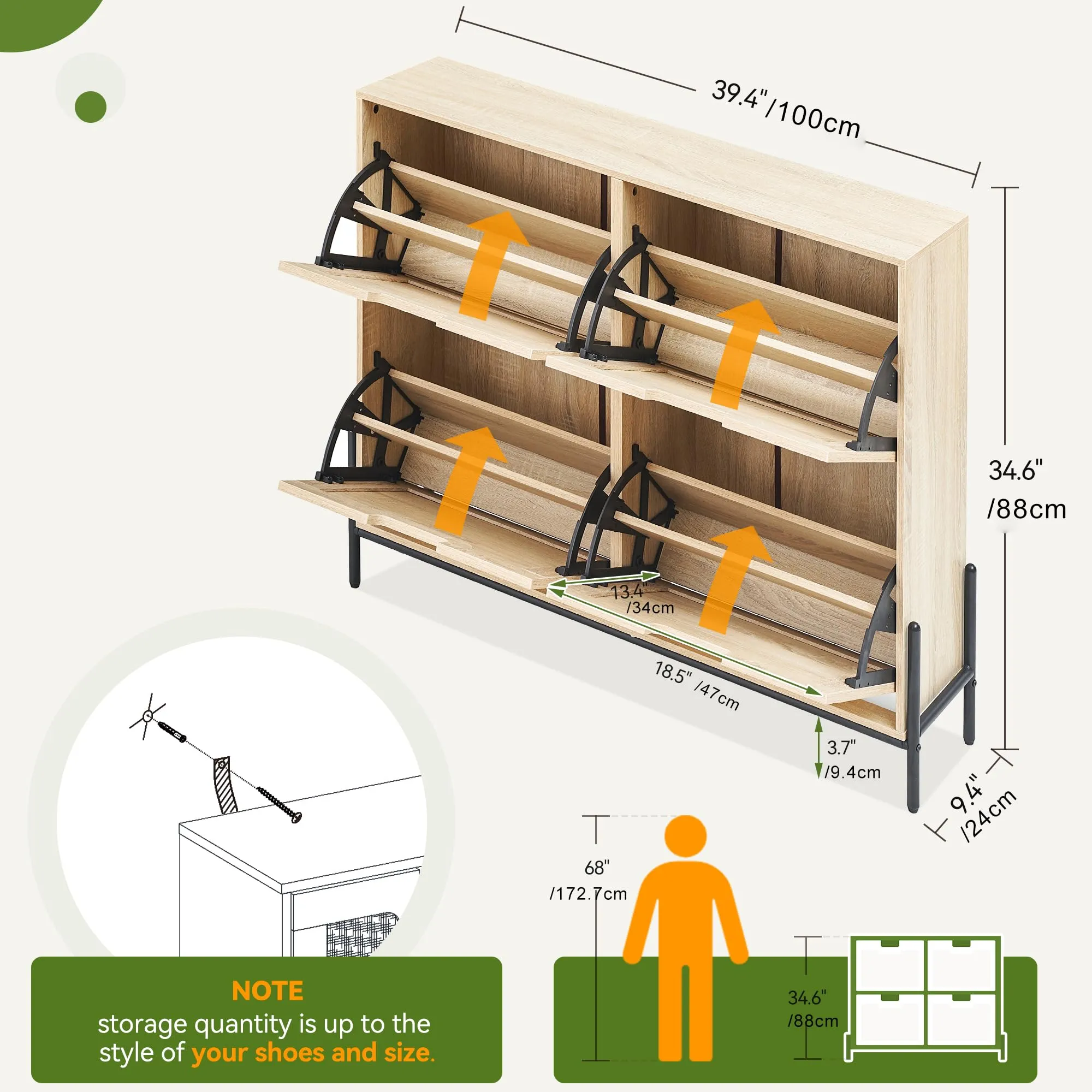 GARVEE Natural Rattan Shoe Cabinet, 4 Flip Doors, Sturdy MDF, Hand-Woven Rattan, Adjustable Shelves, Metal Legs, Entryway-Oak