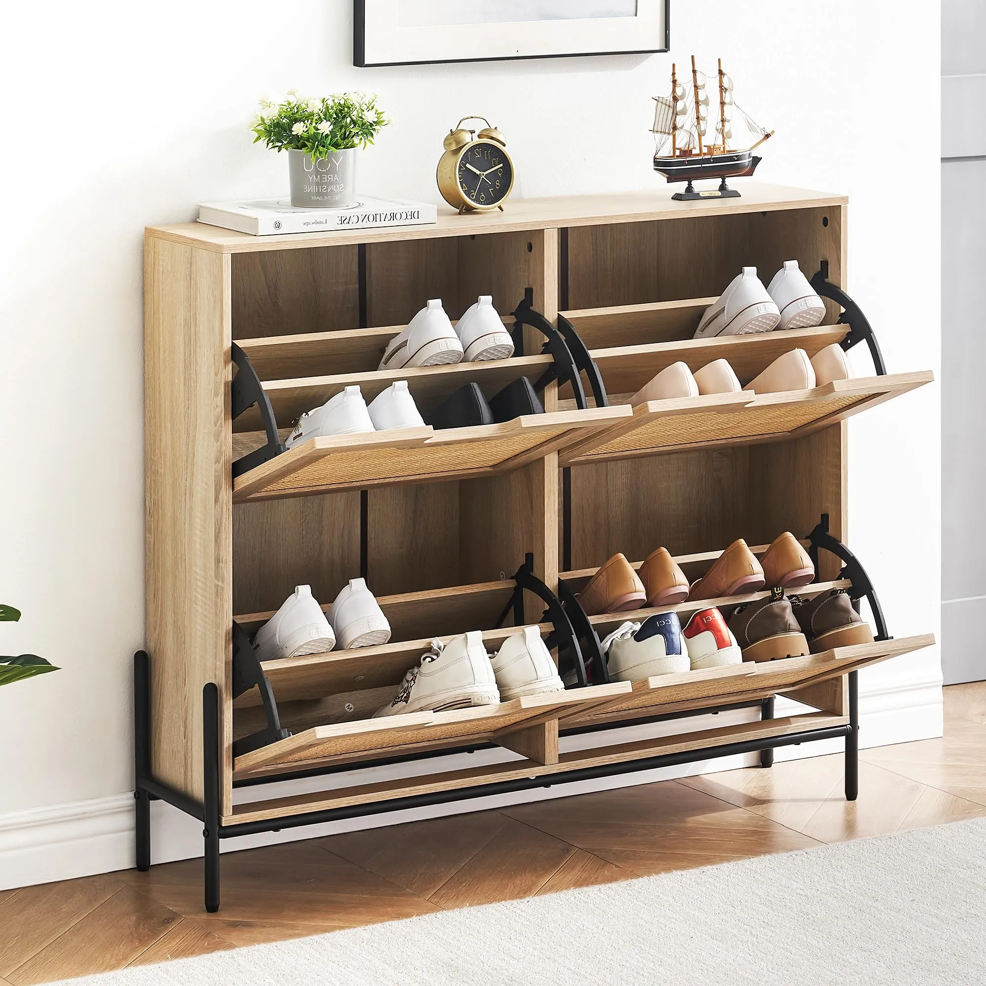 GARVEE Natural Rattan Shoe Cabinet, 4 Flip Doors, Sturdy MDF, Hand-Woven Rattan, Adjustable Shelves, Metal Legs, Entryway-Oak