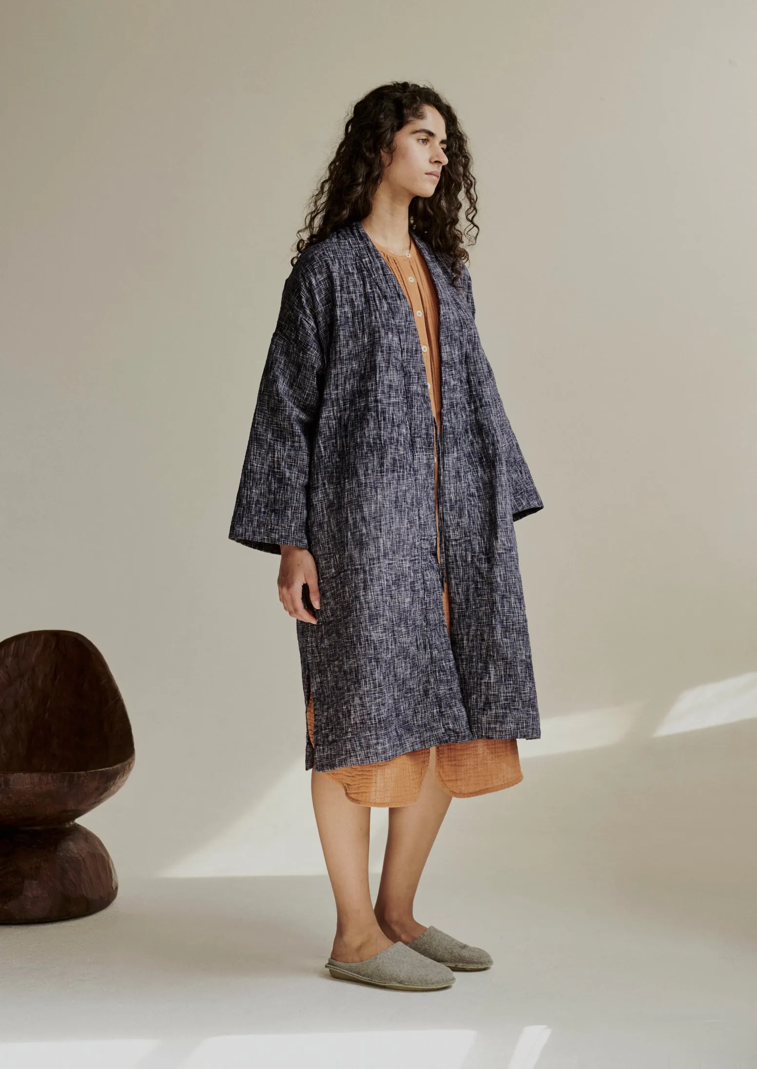 Hand Woven Crosshatch Kantha Gown | Deep Blue