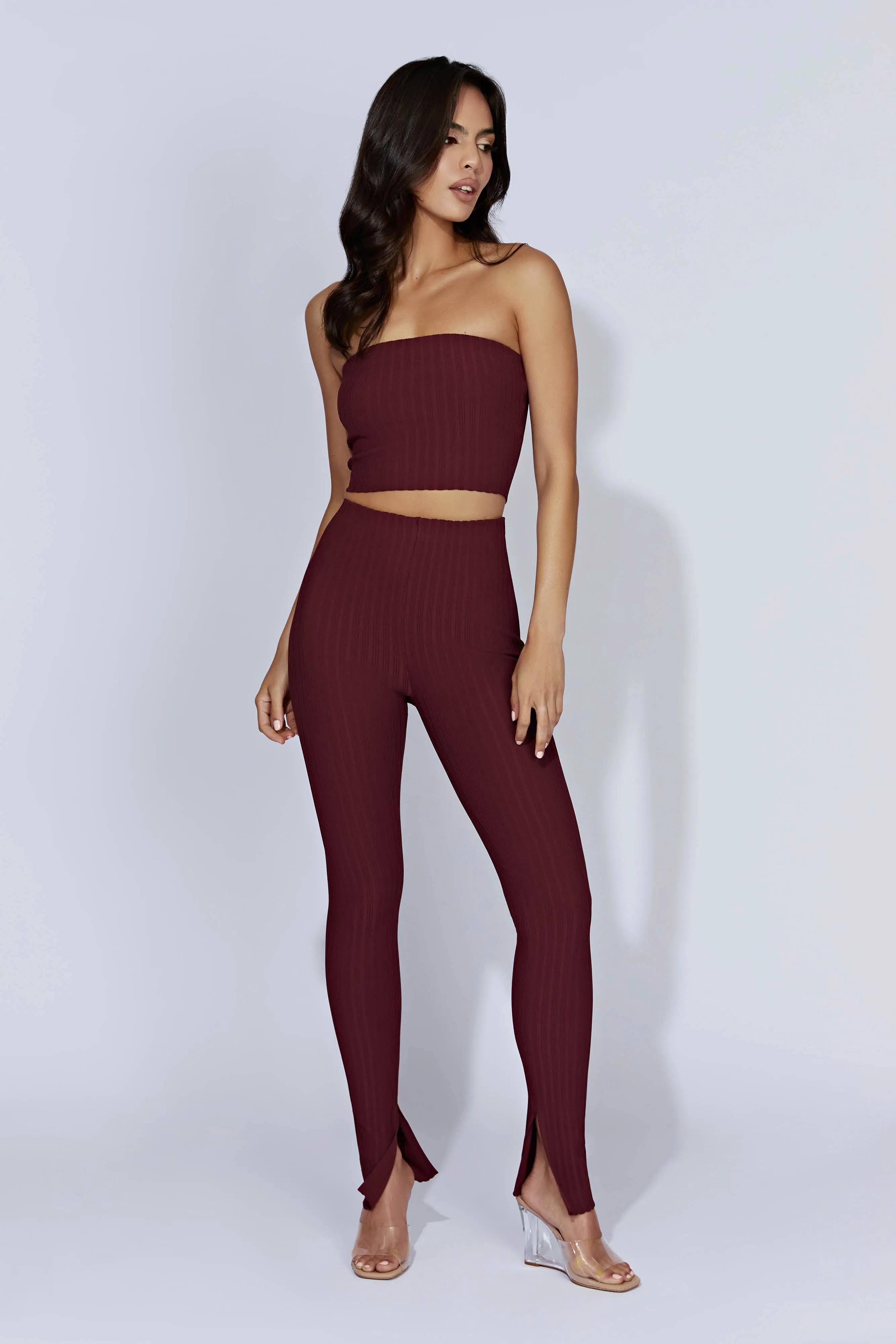 Jordi Side Split Knit Leggings - Cherry Chocolate