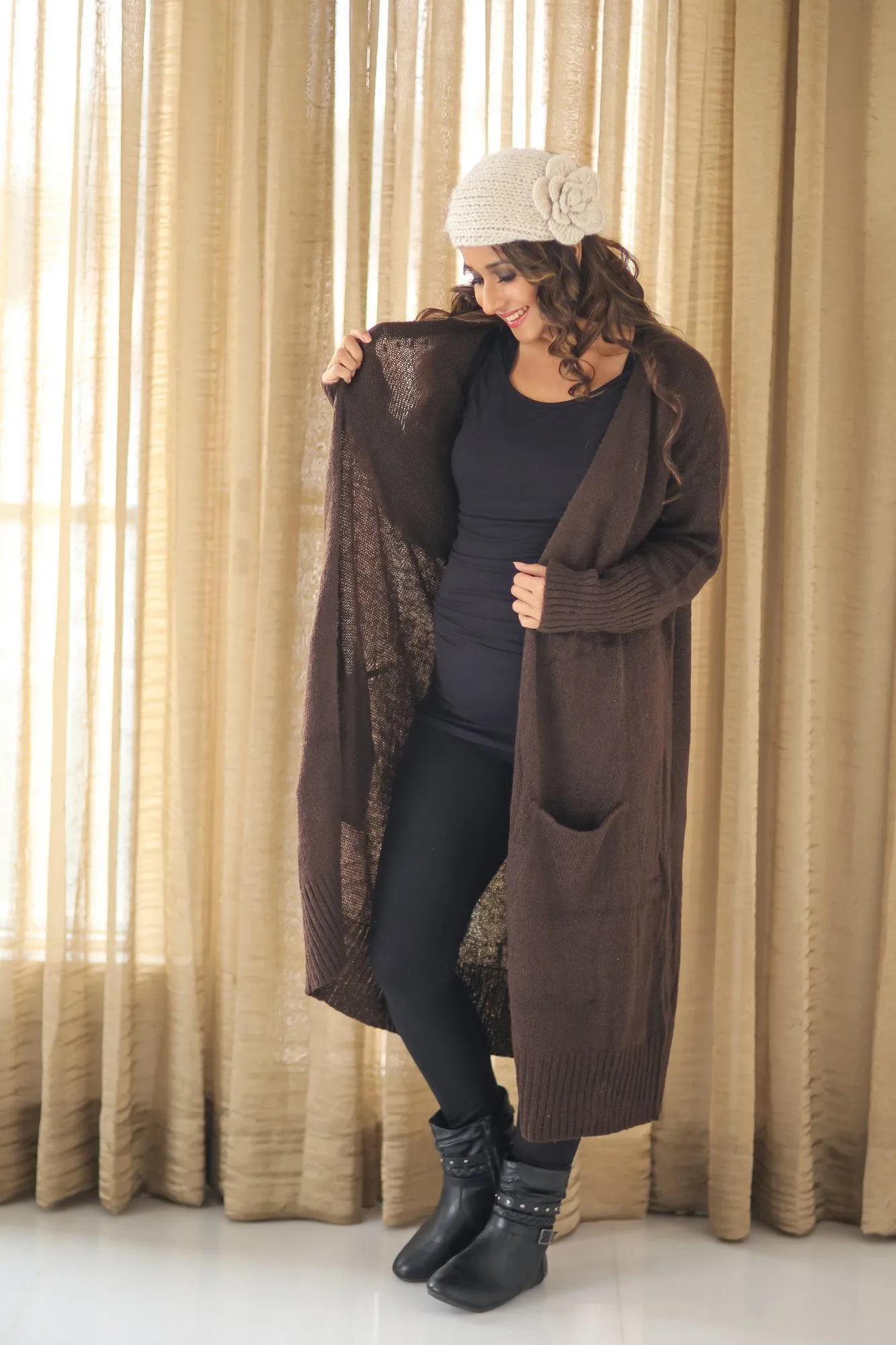 Longline Chocolate Brown Maternity Cardigan