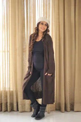 Longline Chocolate Brown Maternity Cardigan