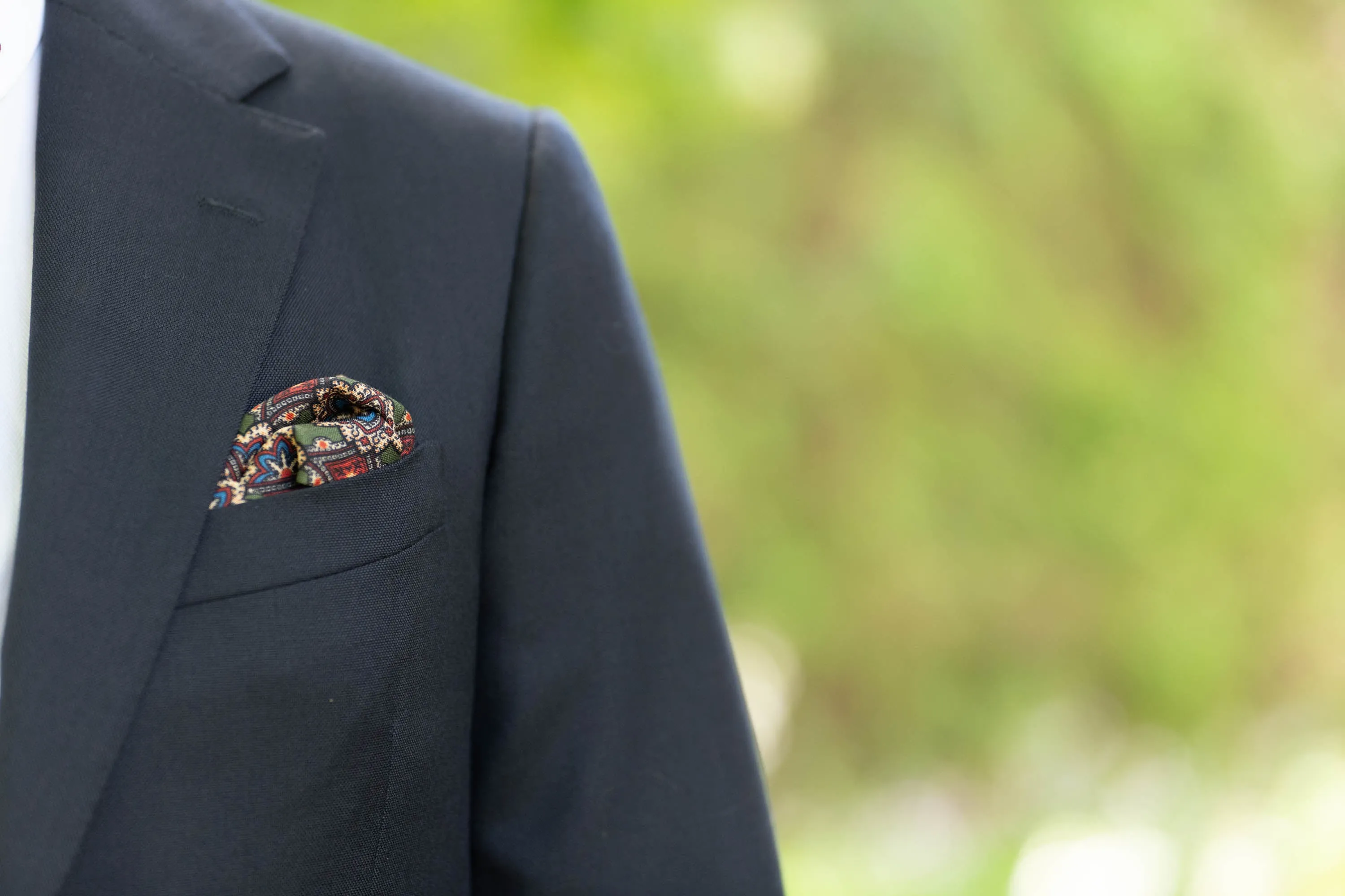 Moss Green Geometric Medallion Silk Wool Pocket Square