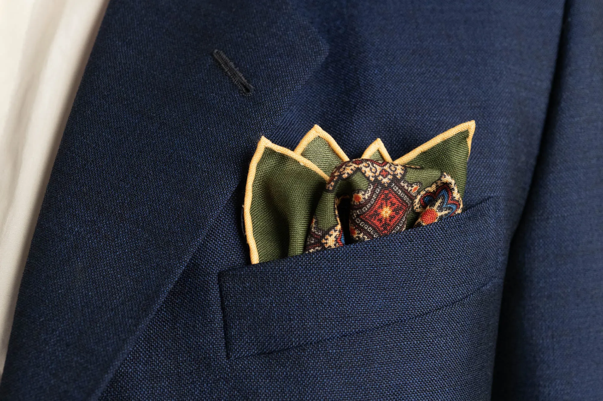 Moss Green Geometric Medallion Silk Wool Pocket Square