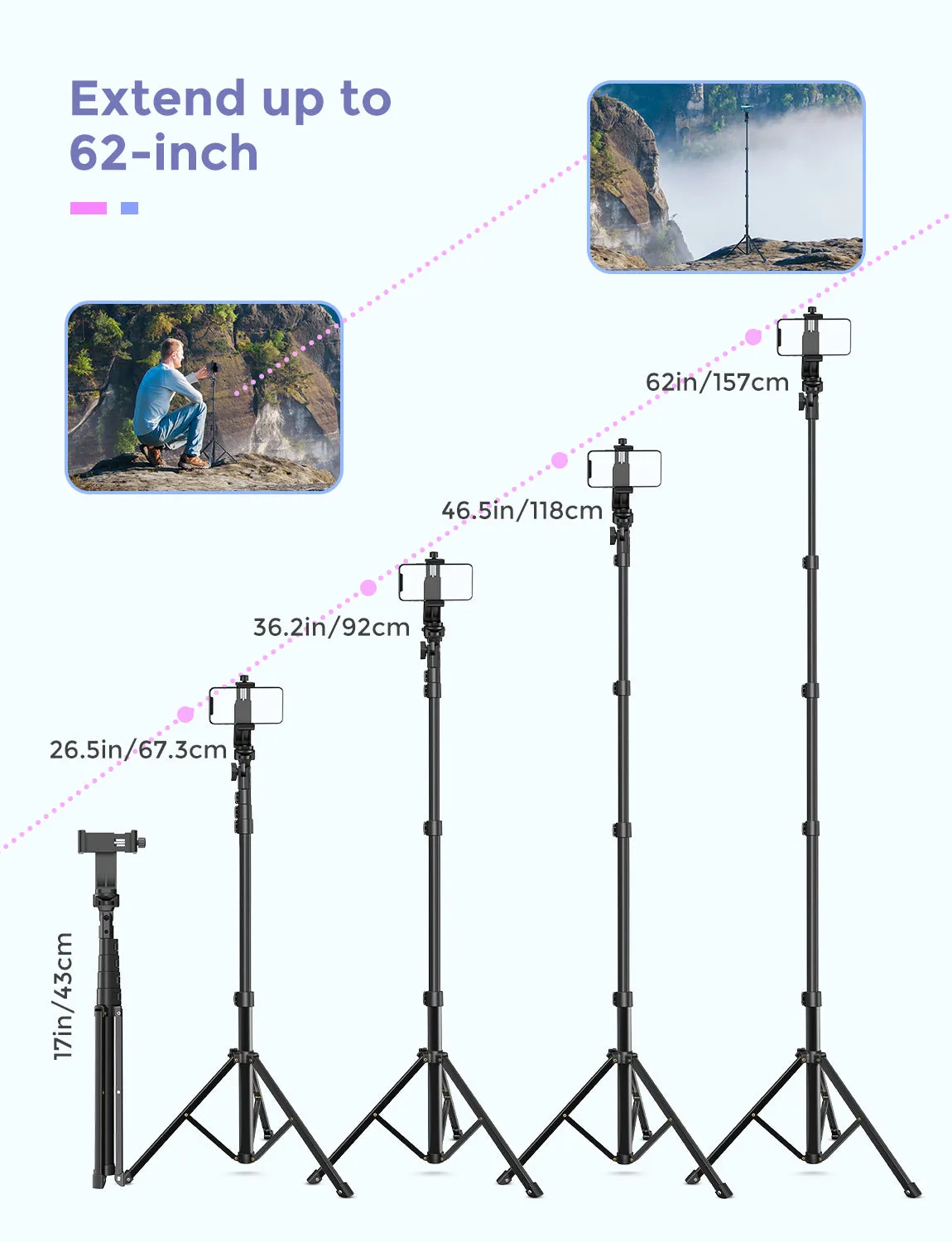 MPOW 62" Selfie Stick Tripod, Bluetooth Remote ,Lightweight, 360° Rotation 194AB