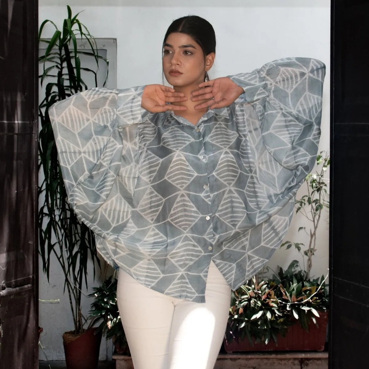 Shibori Modal Silk Shirt With Flutter Sleeves - Officewear For Women