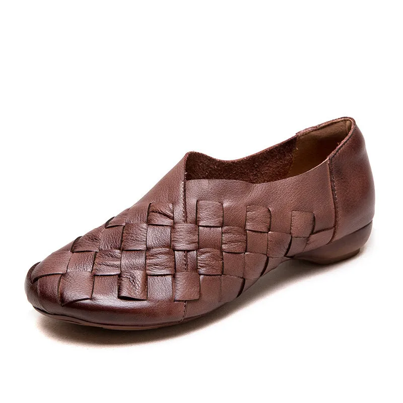 Women Handmade Plaited Solid Leather Casual Shoes