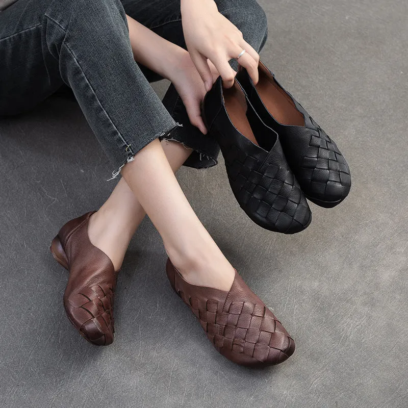 Women Handmade Plaited Solid Leather Casual Shoes