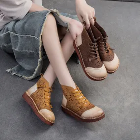 Women Hollow Soft Leather Flat Ankle Boots